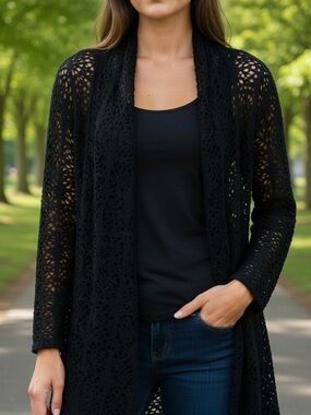 Pleats Collection Black Open Cardigan Long Sleeves Lightweight